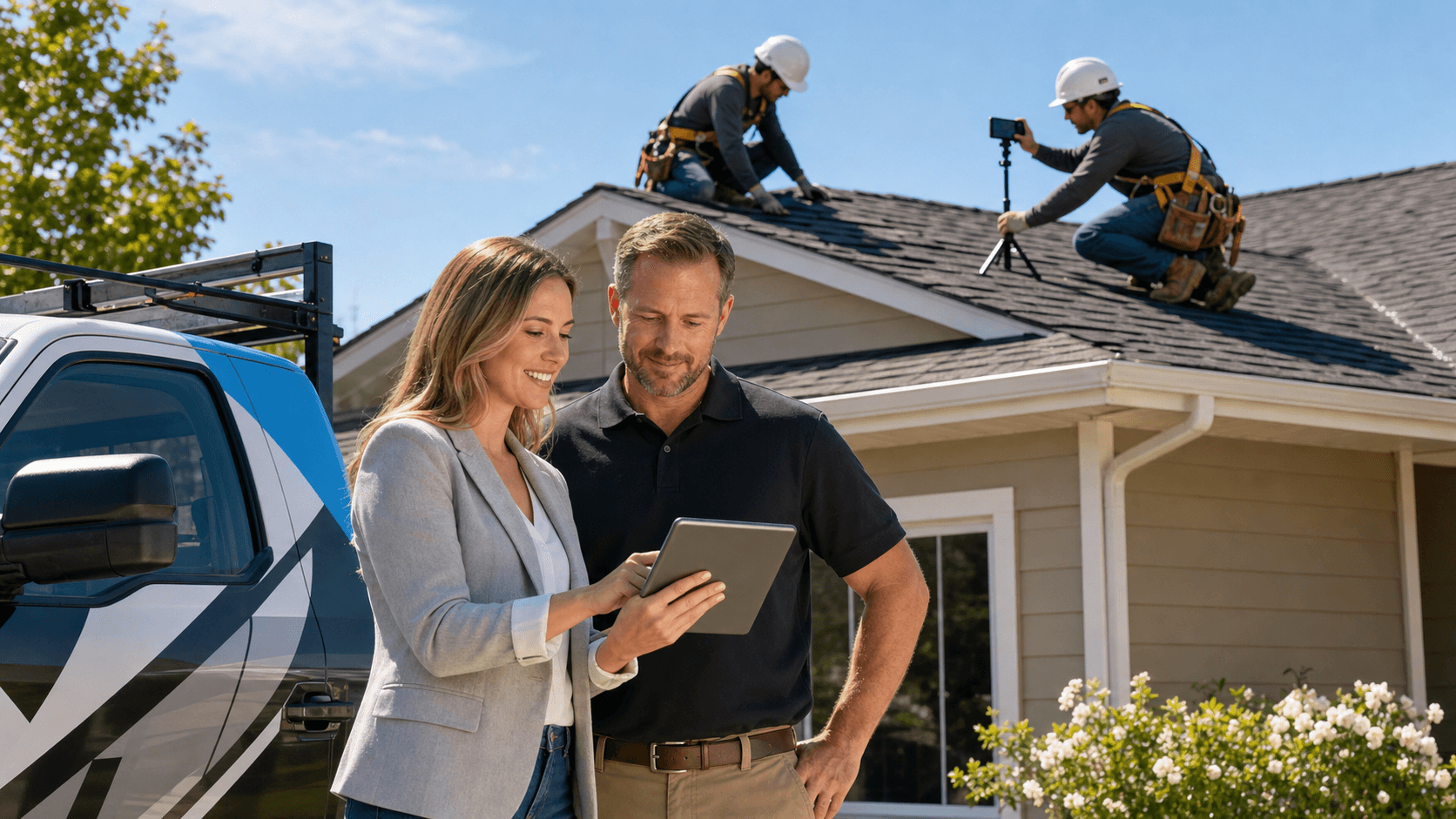 Roofer in a hard hat films a shingle roof with a smartphone, bright blue sky and bold TikTok-style icons overlay.